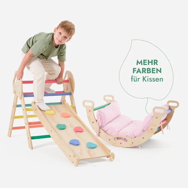 All In One Montessori Climbing Set For Toddlers 1 To 3 Rainbow Edition With Pikler Triangle Arch Slide Pillow