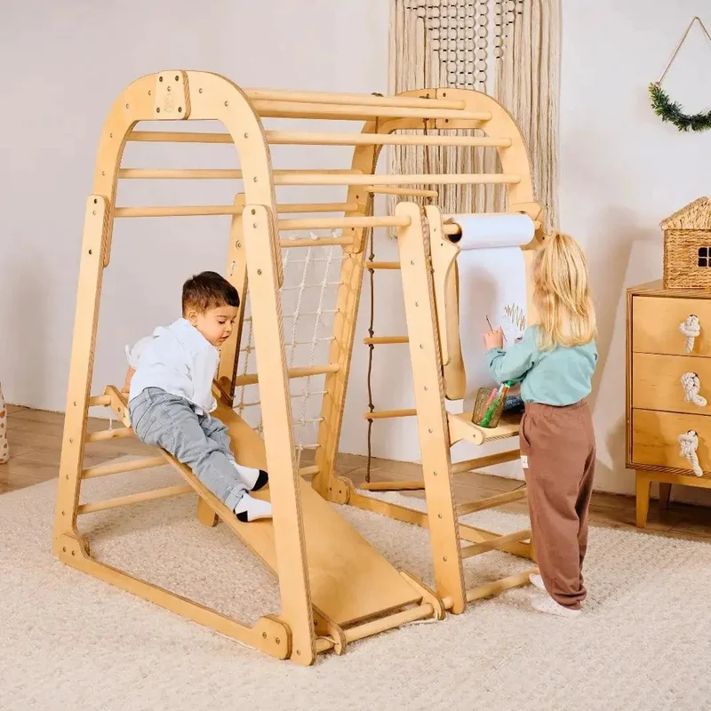 Montessori 8-In-1 Indoor Kids Playground Climber Set For Ages 3-8 With Slide Rings Net Ladder Chalkboard