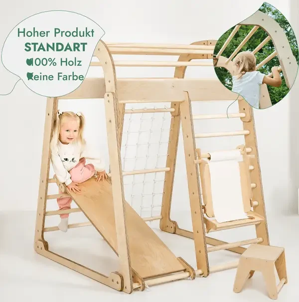 Montessori 8-In-1 Indoor Kids Playground Climber Set For Ages 3-8 With Slide Rings Net Ladder Chalkboard