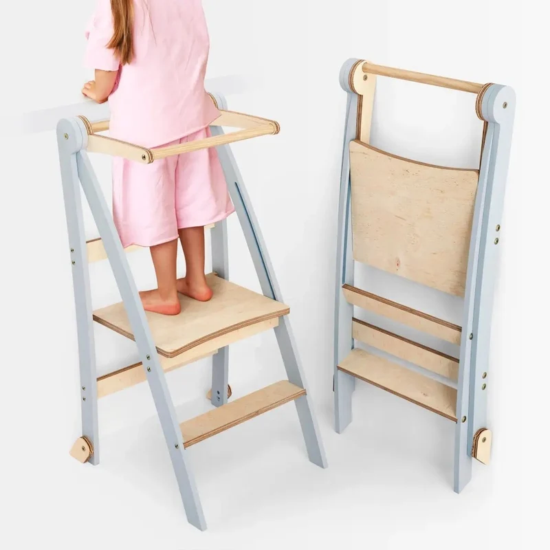 Kids Helper Montessori Learning Tower Step Stool For Kids Safe Durable Gray Multifunctional For Toddlers