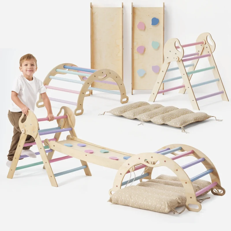 Montessori 4-In-1 Climbing Set For Toddlers 1-3 Pikler Triangle Climbing Arch Slide Board Cushion Pastel
