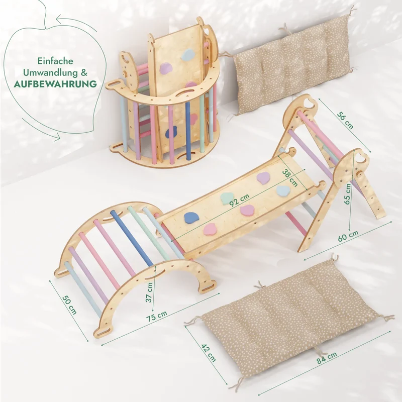 Montessori 4-In-1 Climbing Set For Toddlers 1-3 Pikler Triangle Climbing Arch Slide Board Cushion Pastel