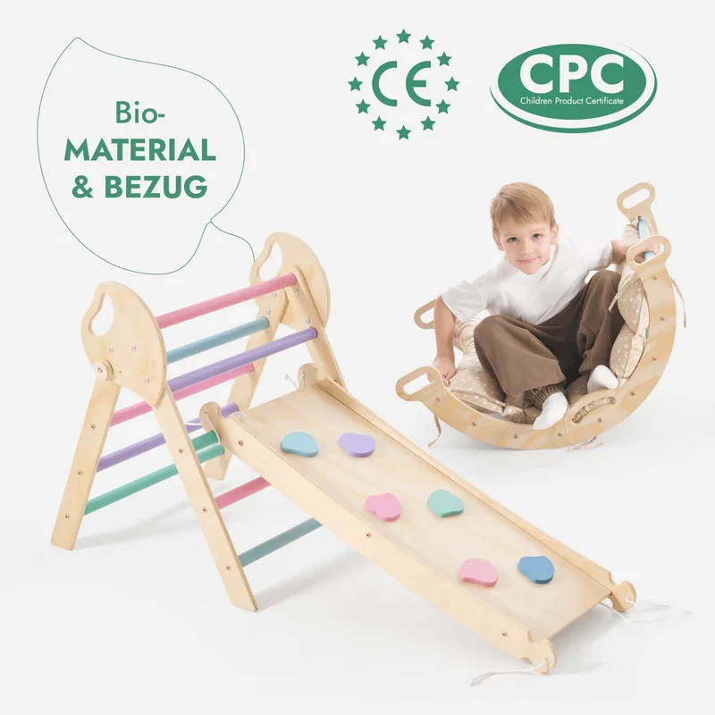Montessori 4-In-1 Climbing Set For Toddlers 1-3 Pikler Triangle Climbing Arch Slide Board Cushion Pastel