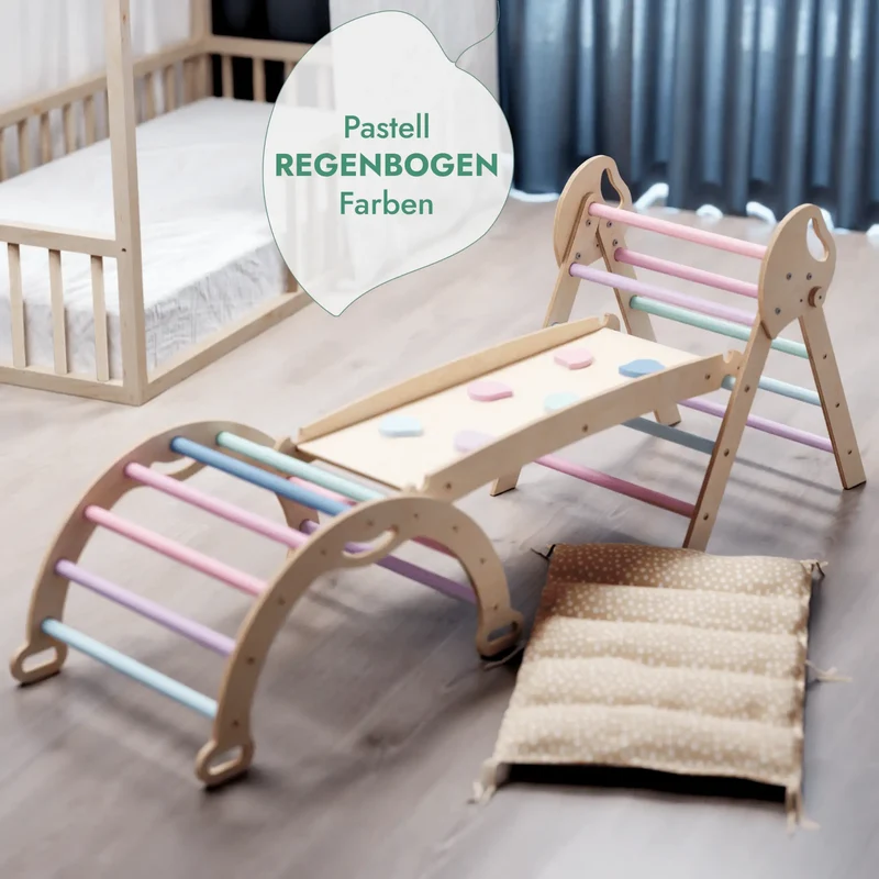 Montessori 4-In-1 Climbing Set For Toddlers 1-3 Pikler Triangle Climbing Arch Slide Board Cushion Pastel