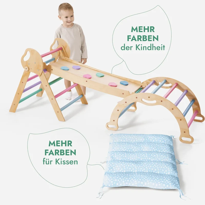 Montessori 4-In-1 Climbing Set For Toddlers 1-3 Pikler Triangle Climbing Arch Slide Board Cushion Pastel