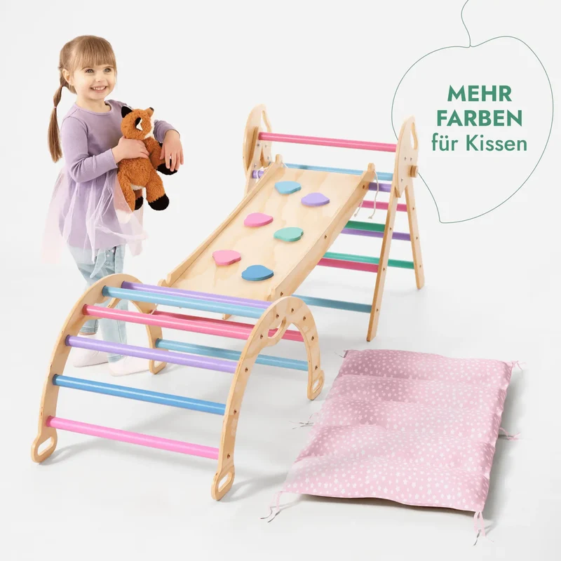 Montessori 4-In-1 Climbing Set For Toddlers 1-3 Pikler Triangle Climbing Arch Slide Board Cushion Pastel