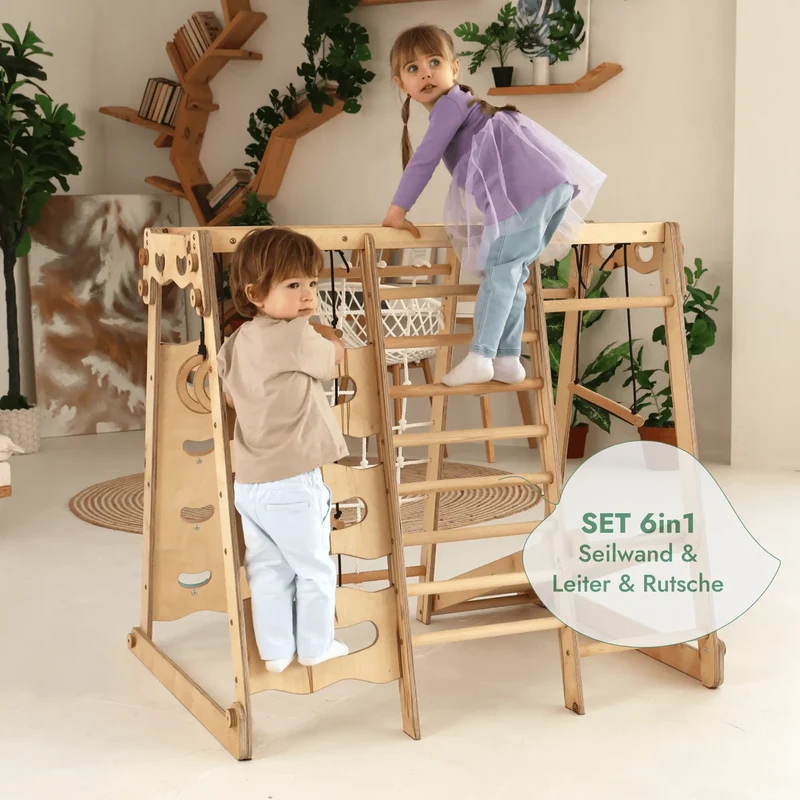 Indoor Wooden Playground For Kids 6 In 1 With Swing Slide Rope And Ladder Active Playset
