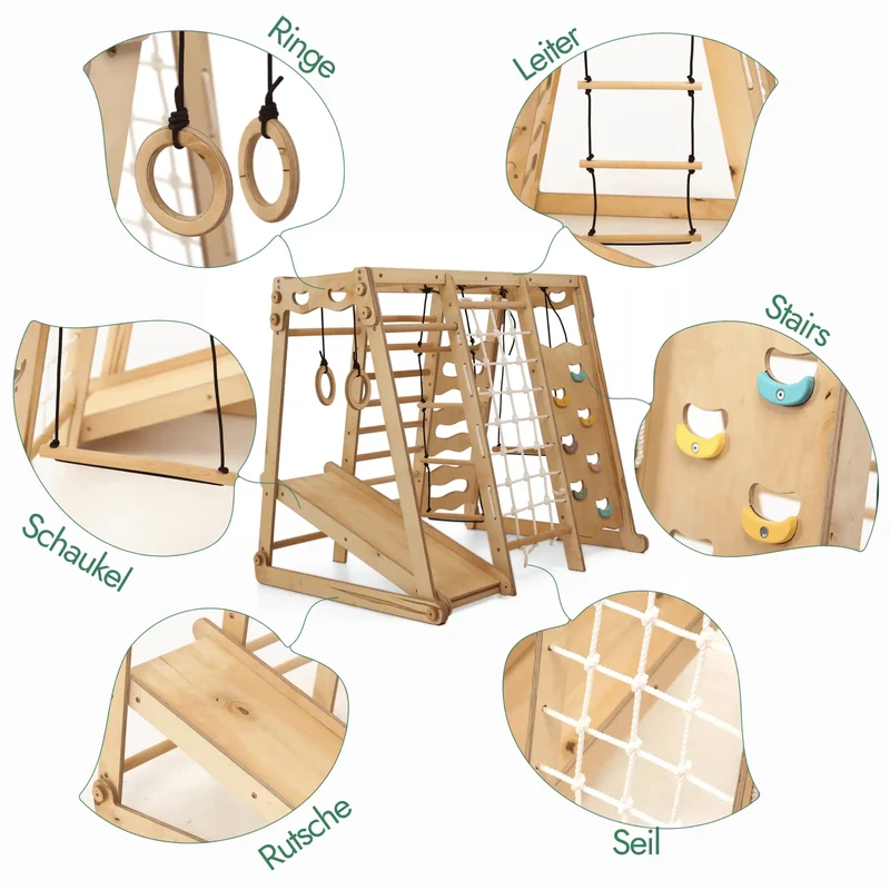 Indoor Wooden Playground For Kids 6 In 1 With Swing Slide Rope And Ladder Active Playset