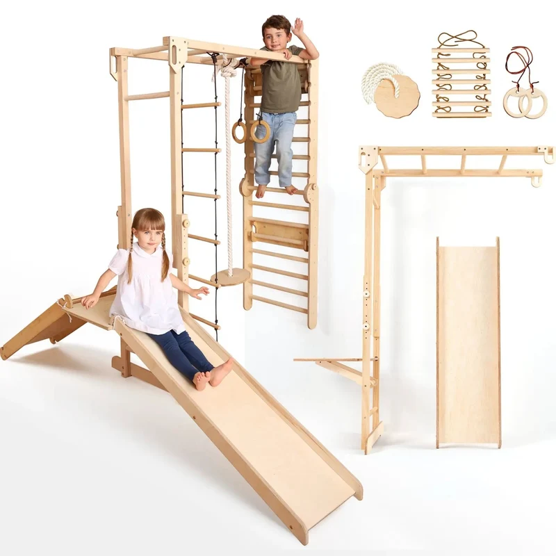 All In One Jungle Gym For Kids 7 In 1 Indoor Playground With Climbing Wall Swing Set And Slide