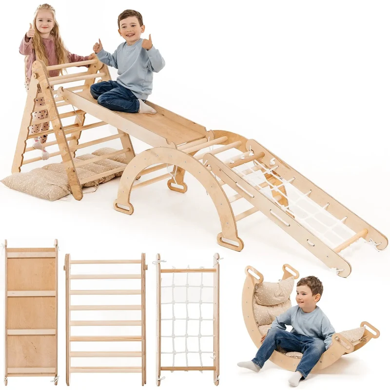 Goodevas Montessori Climbing Set 5in1 For Kids 1 To 7 All In One Triangle With Slide Net Cushion Beige