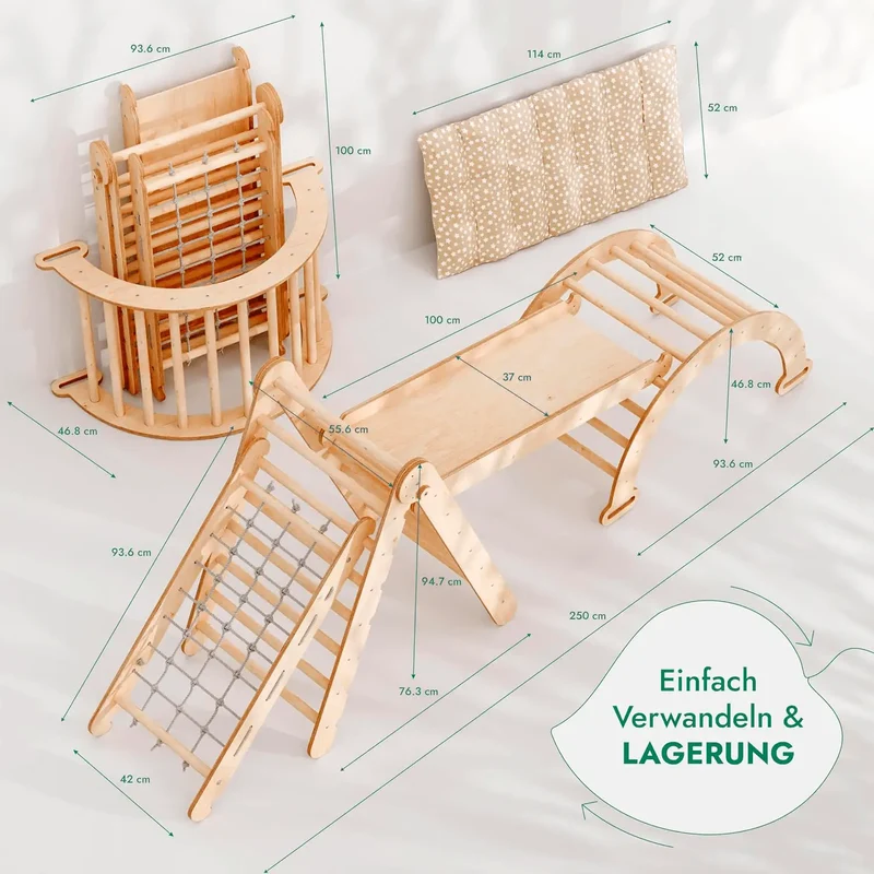 Goodevas Montessori Climbing Set 5in1 For Kids 1 To 7 All In One Triangle With Slide Net Cushion Beige