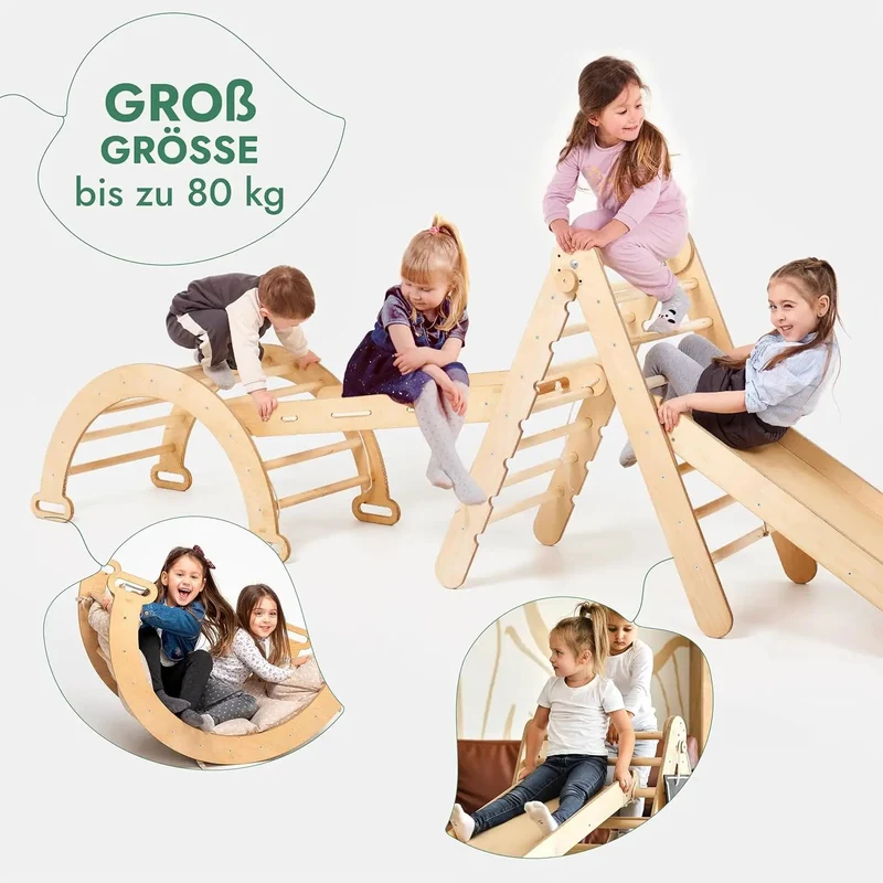 Goodevas Montessori Climbing Set 5in1 For Kids 1 To 7 All In One Triangle With Slide Net Cushion Beige