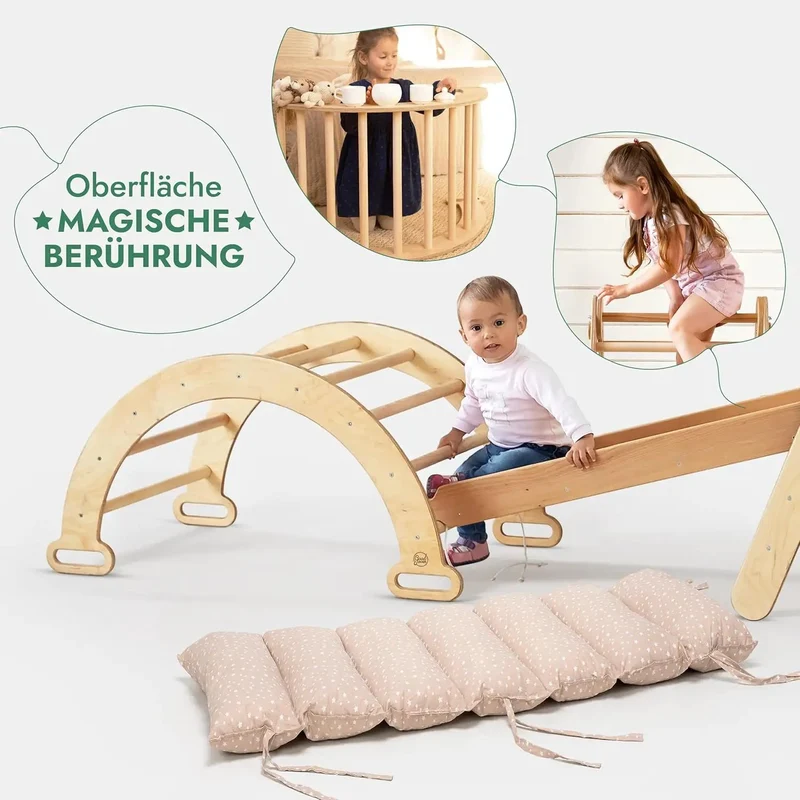Goodevas Montessori Climbing Set 5in1 For Kids 1 To 7 All In One Triangle With Slide Net Cushion Beige
