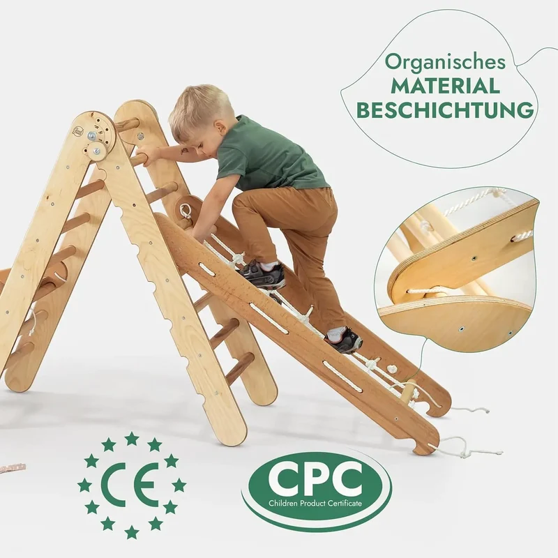 Goodevas Montessori Climbing Set 5in1 For Kids 1 To 7 All In One Triangle With Slide Net Cushion Beige