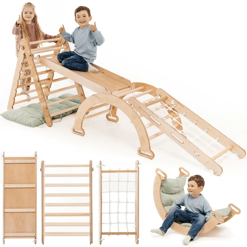 Goodevas Montessori Climbing Set 5in1 For Kids 1 To 7 All In One Triangle With Slide Net Cushion Beige