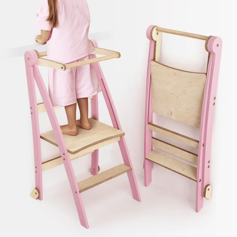 Montessori Wooden Learning Tower For Kids Foldable Multifunctional Step Stool Pink