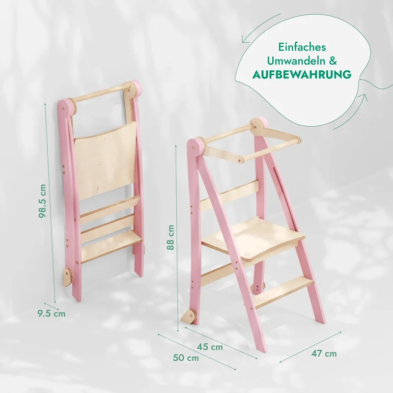 Montessori Wooden Learning Tower For Kids Foldable Multifunctional Step Stool Pink