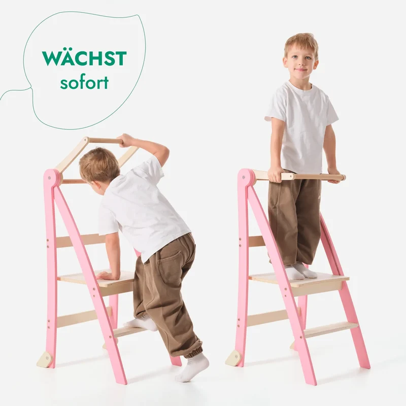 Montessori Wooden Learning Tower For Kids Foldable Multifunctional Step Stool Pink