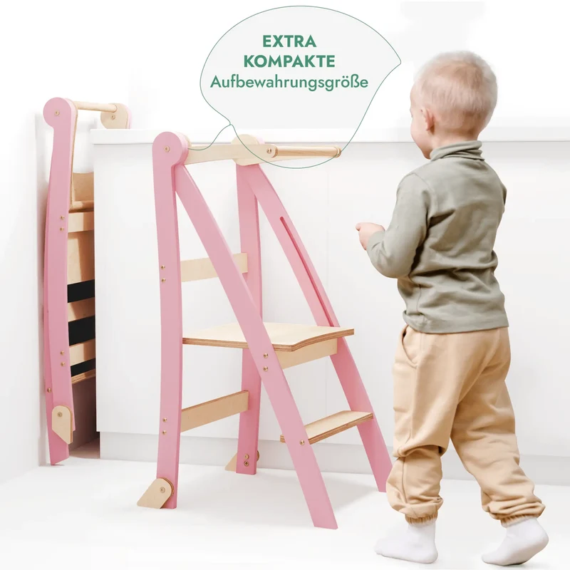 Montessori Wooden Learning Tower For Kids Foldable Multifunctional Step Stool Pink