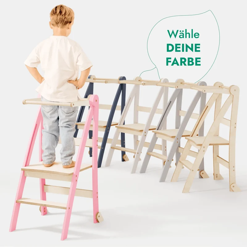 Montessori Wooden Learning Tower For Kids Foldable Multifunctional Step Stool Pink
