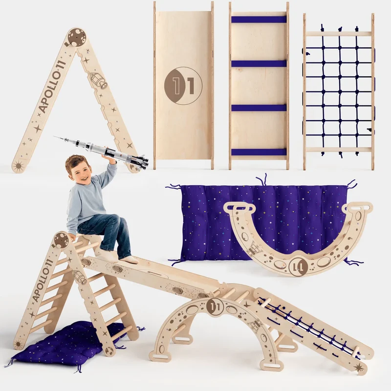 Apollo 5 In 1 Ultimate Climbing Set For Kids With Pikler Triangle Climbing Arc Slide Board Cushion And Net Space Edition