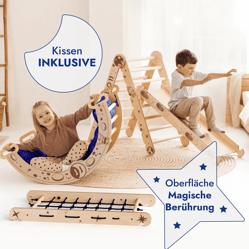 Apollo 5 In 1 Ultimate Climbing Set For Kids With Pikler Triangle Climbing Arc Slide Board Cushion And Net Space Edition