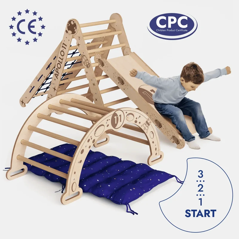 Apollo 5 In 1 Ultimate Climbing Set For Kids With Pikler Triangle Climbing Arc Slide Board Cushion And Net Space Edition