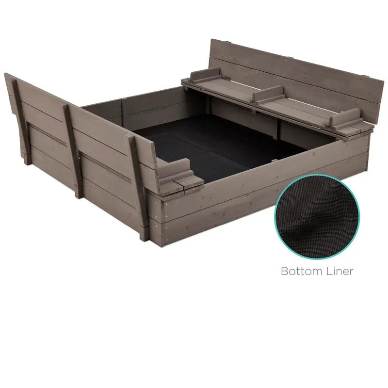 Sturdy Cedar Wood Kids Outdoor Sandbox with Benches in Grey Finish