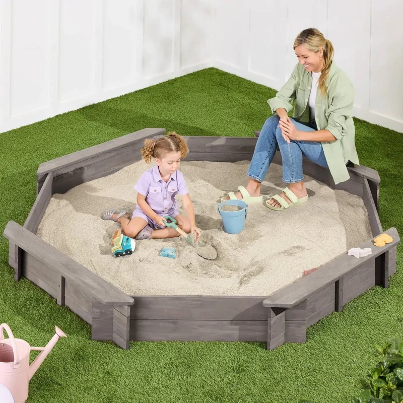 Outdoor Kid's Octagonal Sandbox in Grey Wood Finish