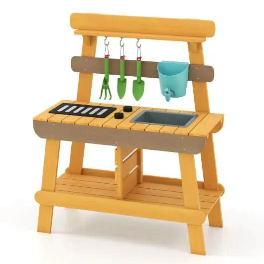 Outdoor Mud Kitchen for Kids Wooden Play Kitchen Toy for Boys Girls Aged 3-8-Yellow