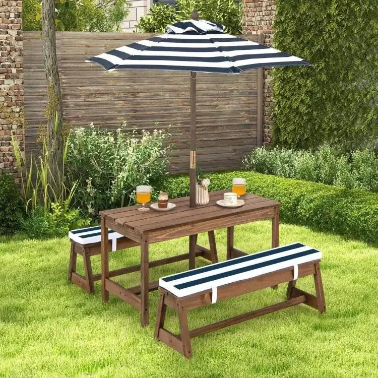 Kids Outdoor Wooden Picnic Table Bench Chairs Cushions Umbrella Set Navy/White