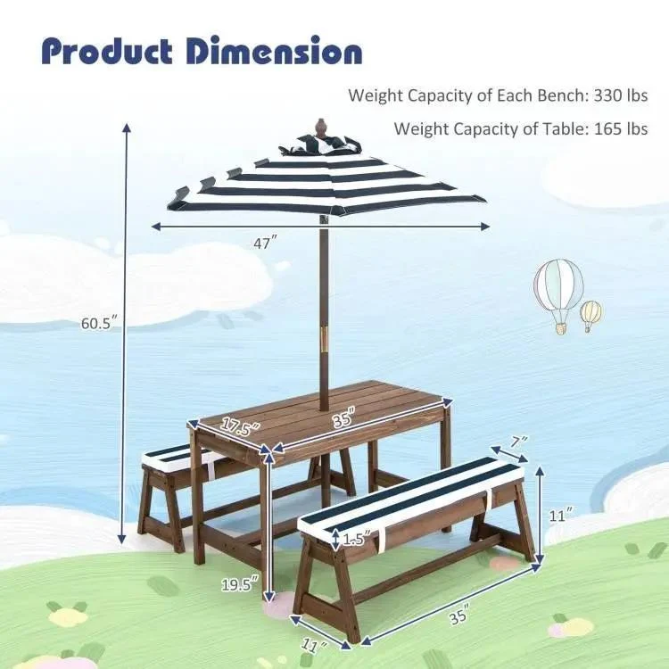 Kids Outdoor Wooden Picnic Table Bench Chairs Cushions Umbrella Set Navy/White