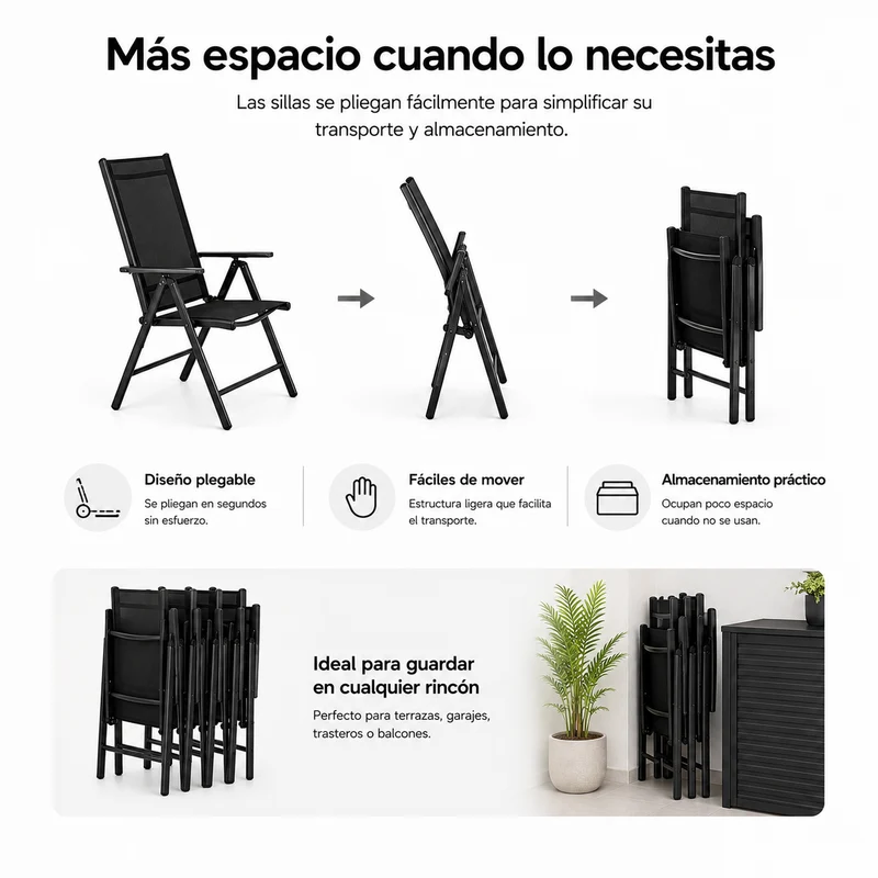 Conjunto Jardín Sillas Reclinables 7 Piezas Mesa Vidrio