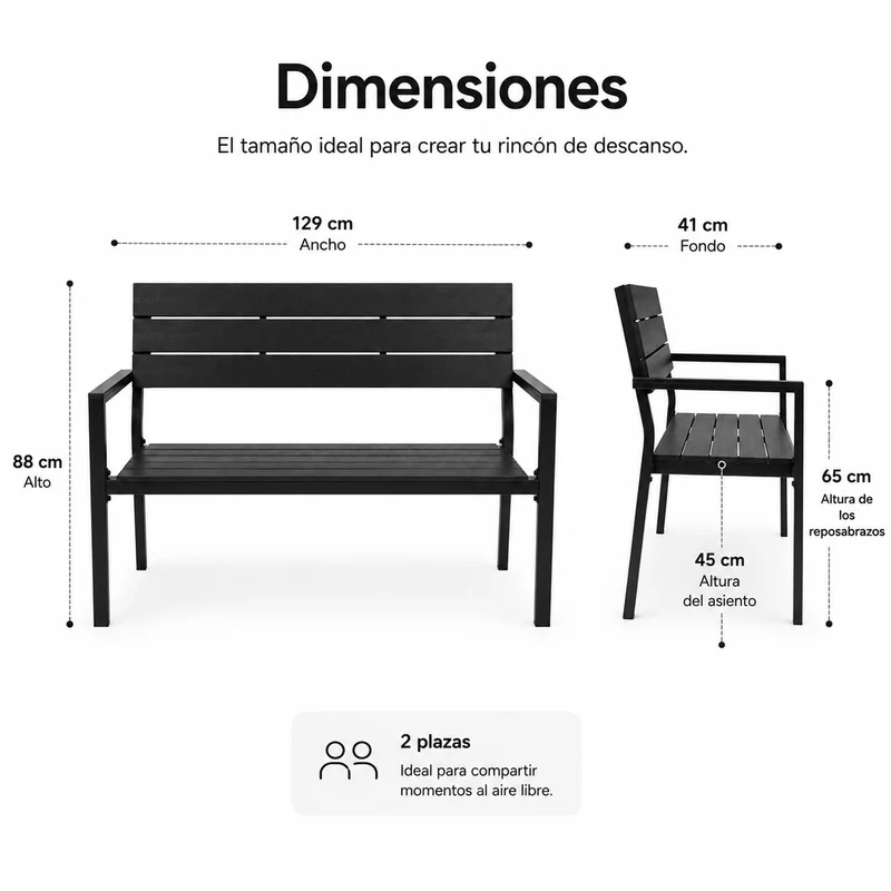Banco De Jardín Exterior Para 2 Plazas Con Respaldo Ergonómico
