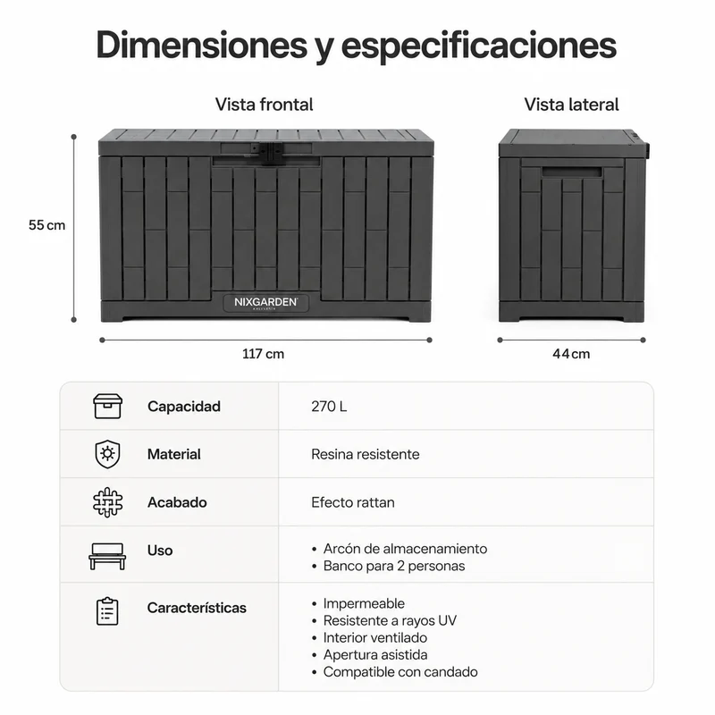 Arcón Jardín Antracita Resina Resistente Efecto Rattan Impermeable