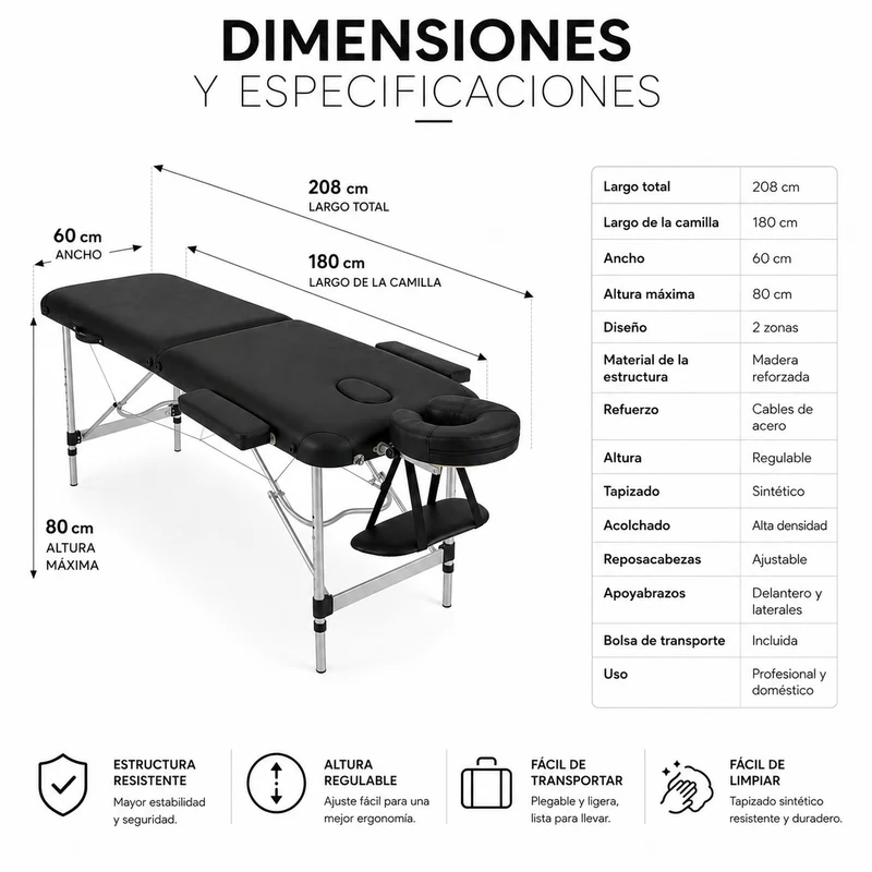 Camilla De Masaje Plegable 60 cm Altura Regulable Reposacabezas Nix Spa