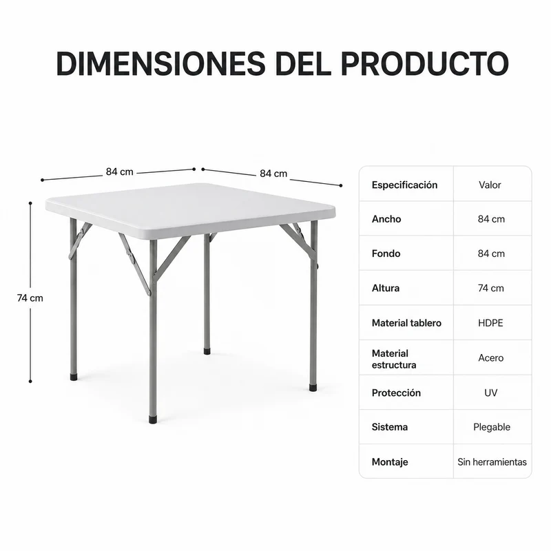 Mesa Plegable Portátil 84x84x74 Cm Blanco