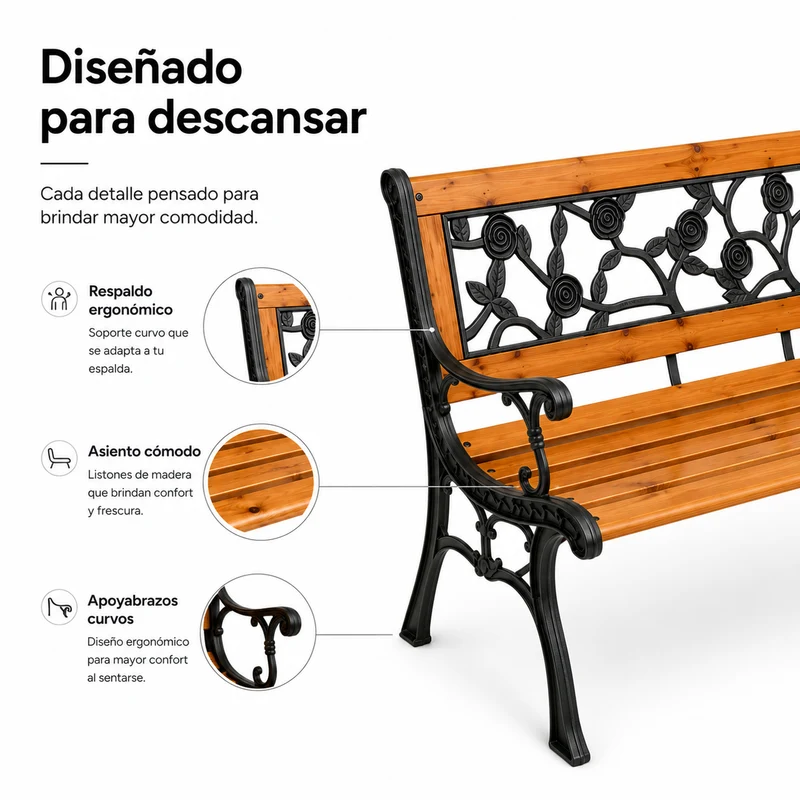 Banco de Jardín de Madera y Metal con Respaldo Floral Decorativo