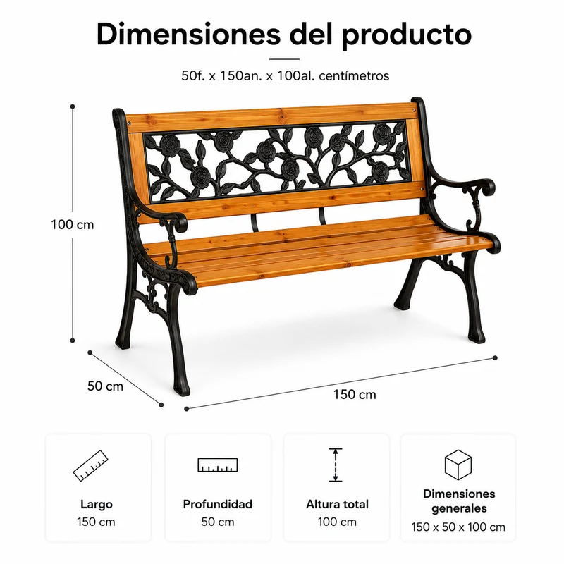 Banco de Jardín de Madera y Metal con Respaldo Floral Decorativo