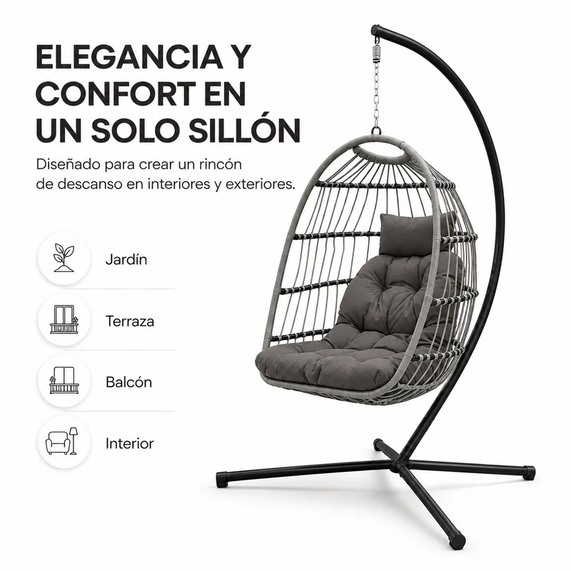 Sillón Colgante Huevo Jardín Con Cojines Acolchados Estructura Metálica