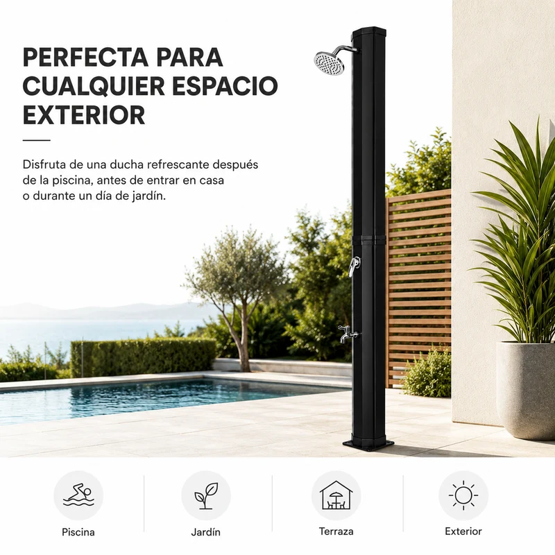 Ducha solar exterior 35L jardín y piscina con grifo lavapiés y rociador negro/plata