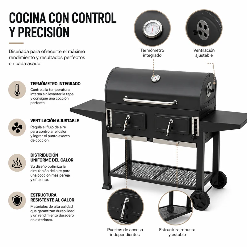 Barbacoa de Carbón Doble Cámara con Ventilación Regulable
