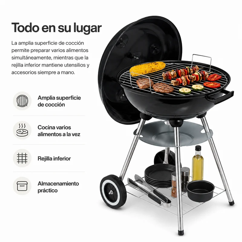Barbacoa de Carbón Redonda Portátil con Tapa y Ventilación