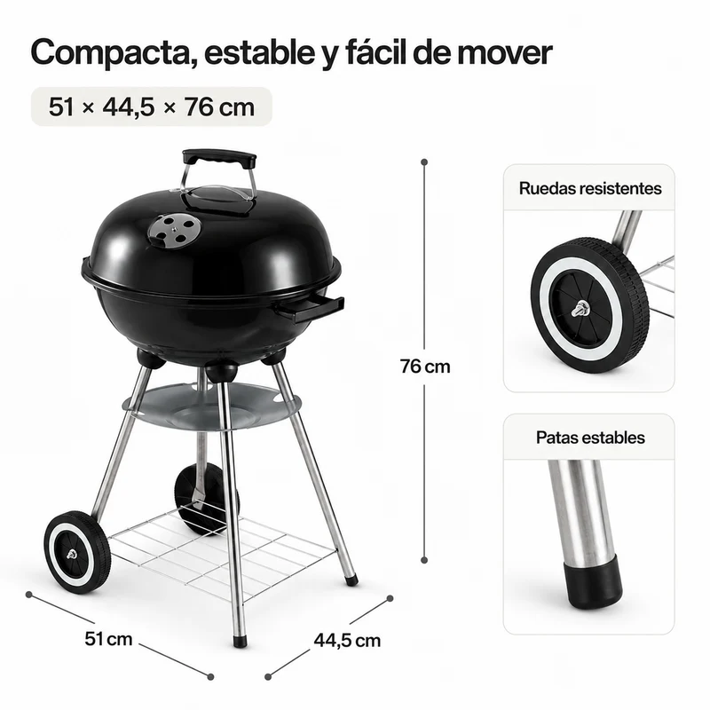 Barbacoa de Carbón Redonda Portátil con Tapa y Ventilación