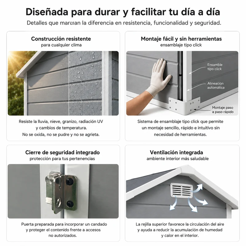 Caseta de jardín grande de resina 6x4" con doble puerta, ventana y ventilación integrada