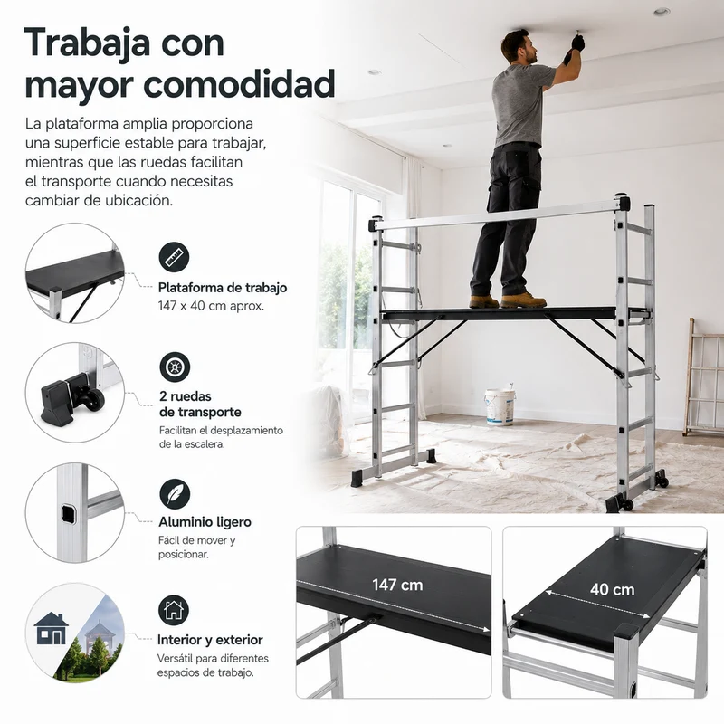 Escalera Multifunción 4 En 1 Con Plataforma Antideslizante