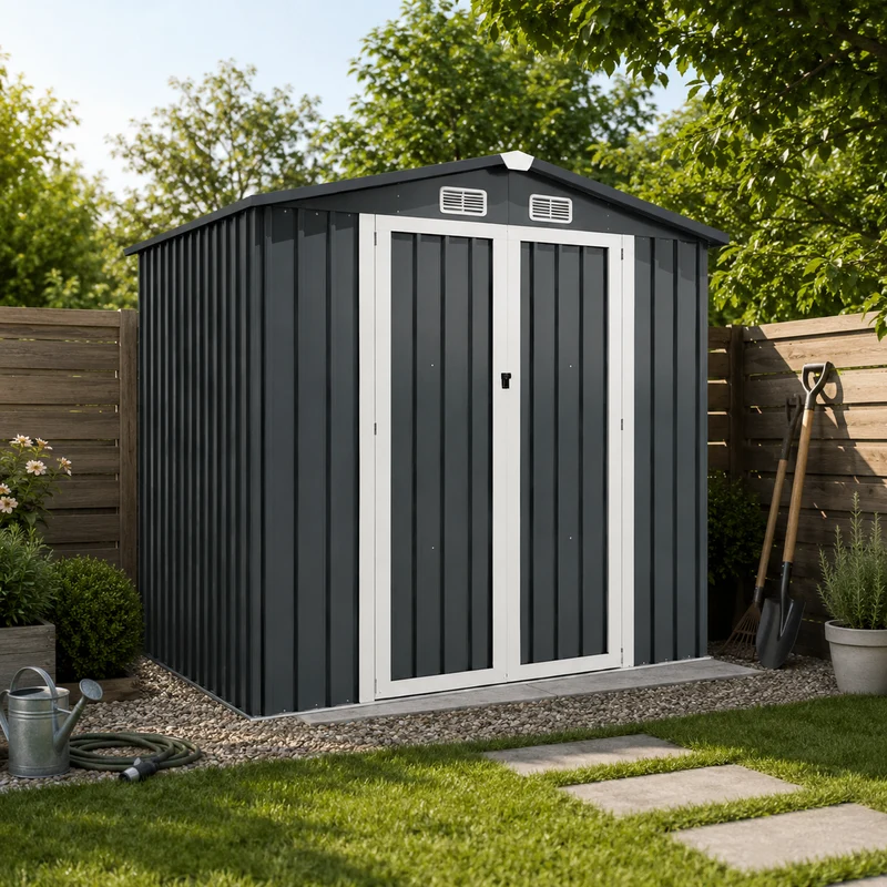 Caseta Metálica Exterior Puerta Doble Abatible Y Techo Inclinado 201,5 × 155,5 × 190 cm