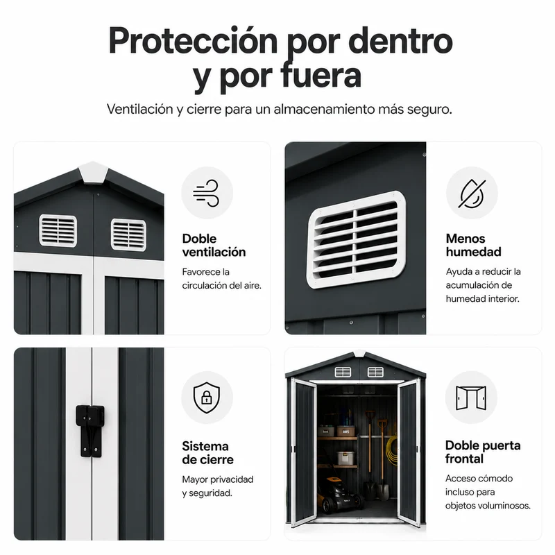 Caseta Metálica Exterior Puerta Doble Abatible Y Techo Inclinado 201,5 × 155,5 × 190 cm