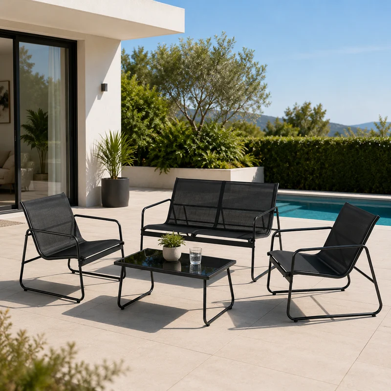 Conjunto de Jardín Acero Textilene 4 Piezas Mesa Cristal