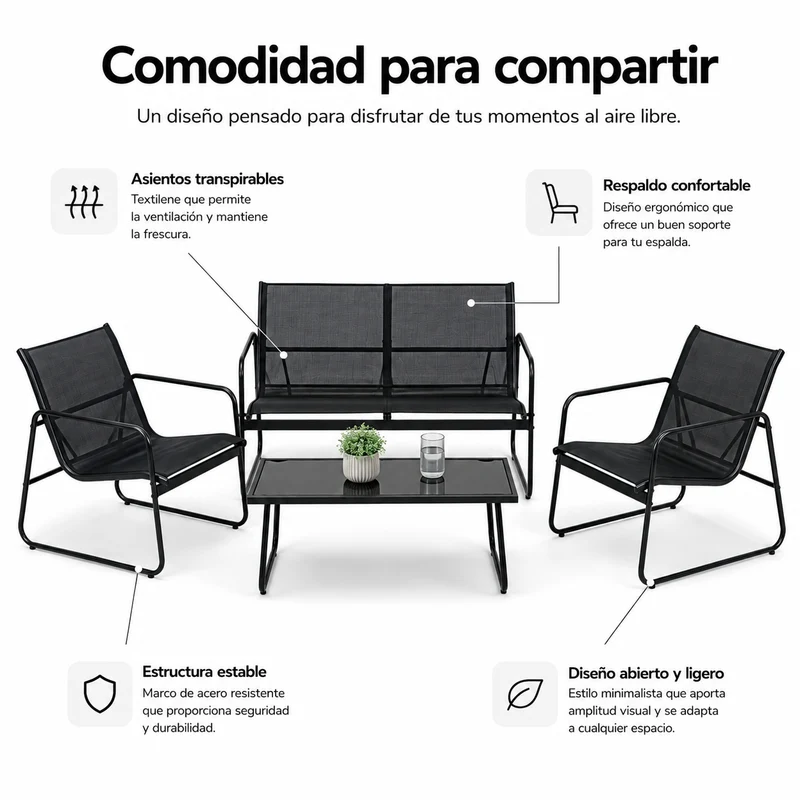 Conjunto de Jardín Acero Textilene 4 Piezas Mesa Cristal